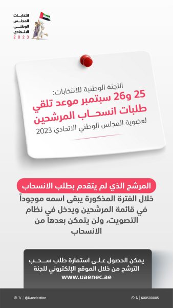 اللجنة الوطنية للانتخابات: 25 و26 سبتمبر موعدا لتلقي طلبات انسحاب المرشحين لعضوية المجلس الوطني الاتحادي 2023