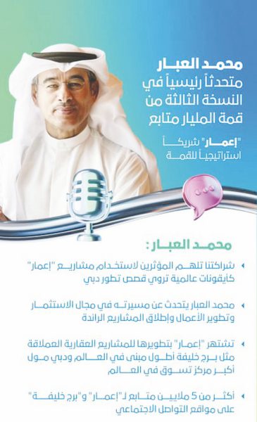 محمد العبار متحدثاً رئيسياً في النسخة الثالثة من قمة المليار متابع