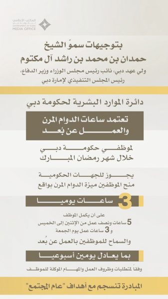 بتوجيهات حمدان بن محمد .. “الموارد البشرية” تعتمد الدوام المرن والعمل عن بُعد خلال شهر رمضان لموظفي حكومة دبي