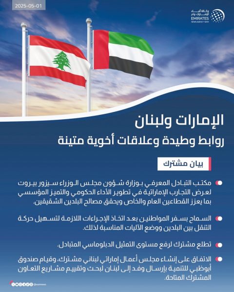 بيان مشترك.. زيارة رئيس الجمهورية اللبنانية إلى الإمارات العربية المتحدة