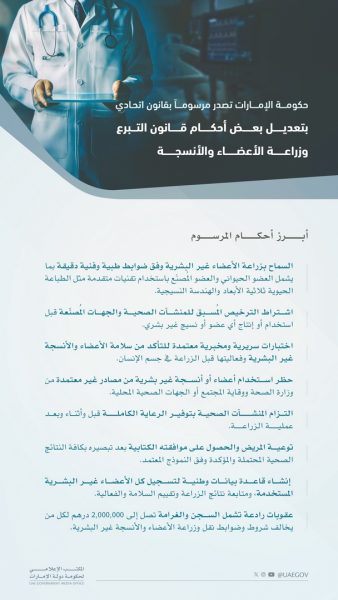 حكومة الإمارات تصدر مرسوماً بقانون اتحادي بتعديل بعض أحكام قانون التبرع وزراعة الأعضاء والأنسجة