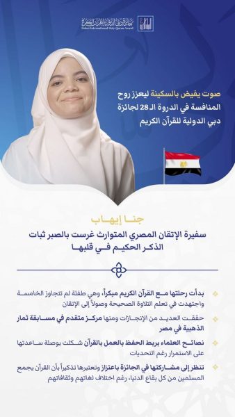 المصرية جنا إيهاب صوت يعزز المنافسة في الدورة الـ 28 لجائزة دبي الدولية للقرآن الكريم