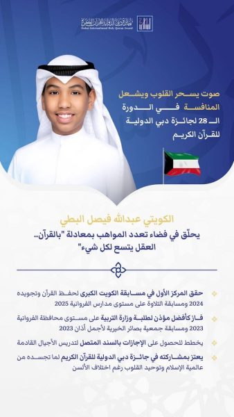 الكويتي عبدالله فيصل البطي صوت يشعل المنافسة في الدورة الـ”28″ لجائزة دبي الدولية للقرآن الكريم
