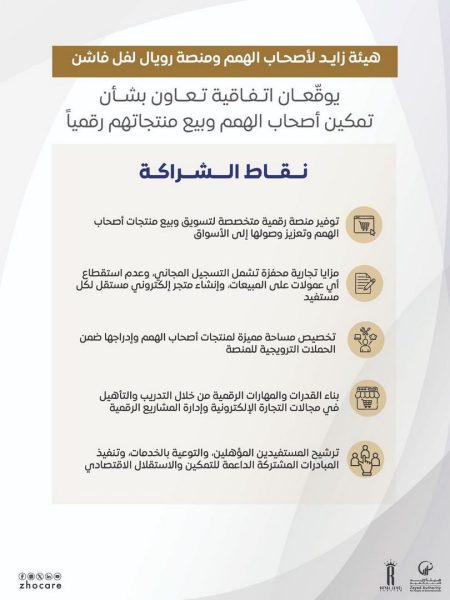 تعاون بين “هيئة زايد” و”رويال ليفل فاشن” لتمكين أصحاب الهمم اقتصادياً