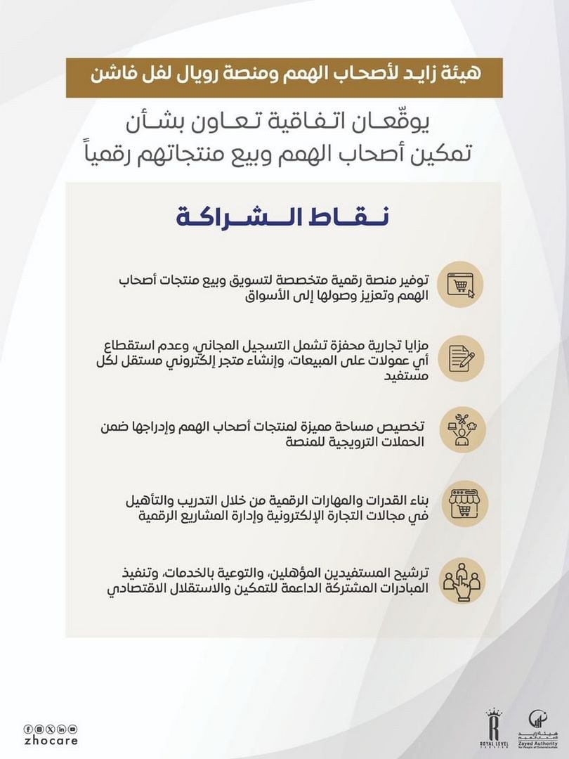 تعاون بين “هيئة زايد” و”رويال ليفل فاشن” لتمكين أصحاب الهمم اقتصادياً