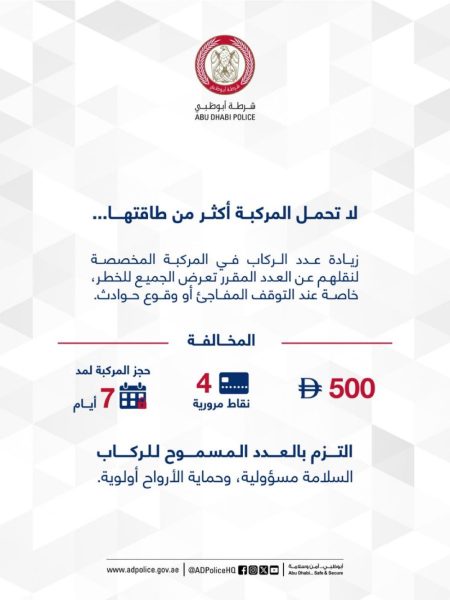 شرطة أبوظبي‬⁩ تحذر من زيادة عدد الركاب في المركبات حفاظًا على سلامة الجميع