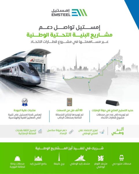 إمستيل تواصل دعم مشاريع البنية التحتية الوطنية عبر مساهمتها في مشروع قطارات الاتحاد