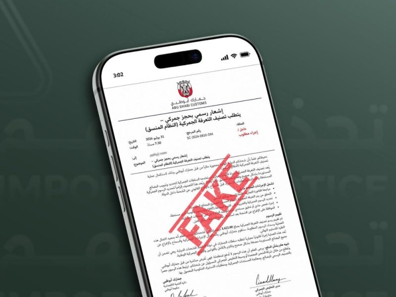 جمارك أبوظبي تحذر من رسائل احتيالية