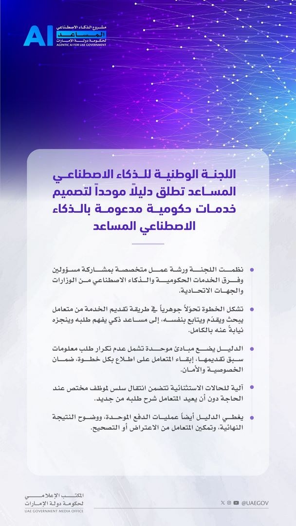 اللجنة الوطنية للذكاء الاصطناعي المساعد تطلق دليلاً موحداً لتصميم خدمات حكومية مدعومة بالذكاء الاصطناعي المساعد